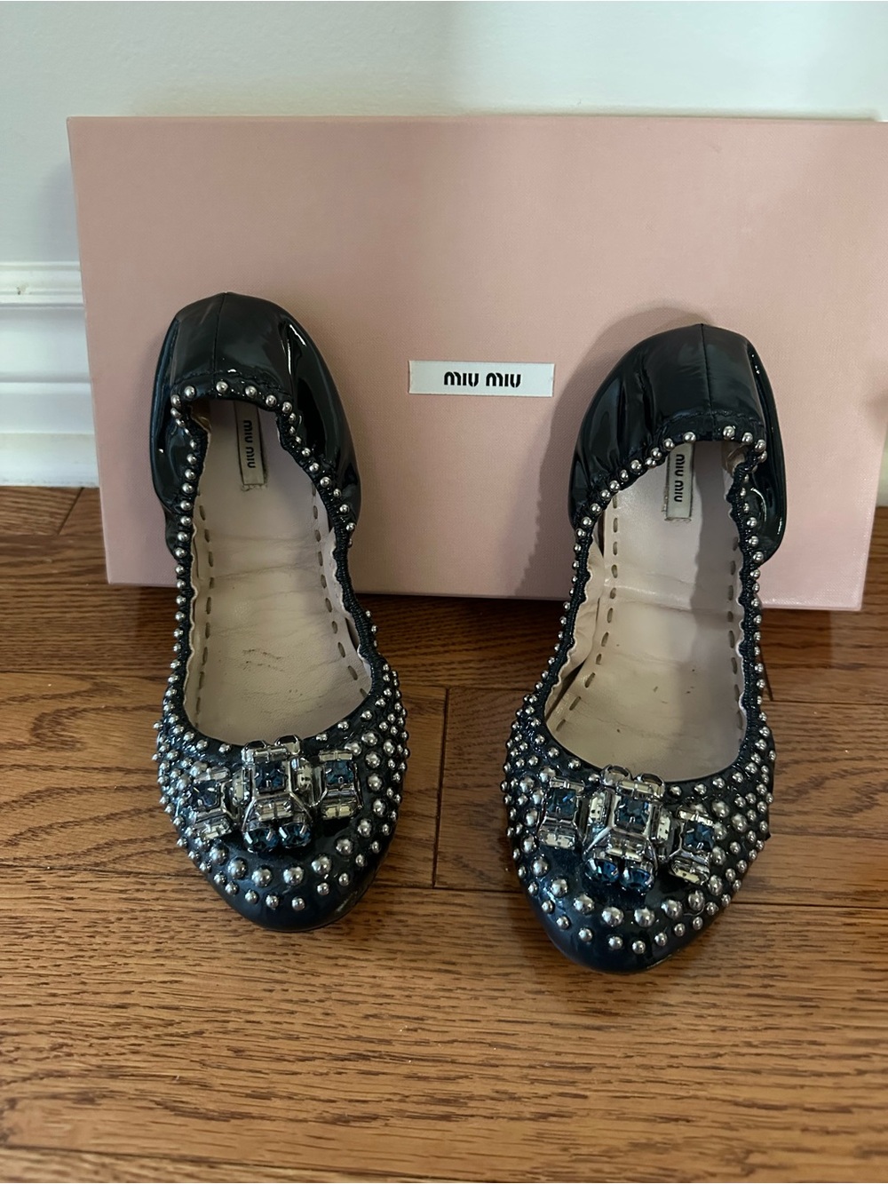 Miu Miu Navy Patent Jeweled Studded Ballet Flats